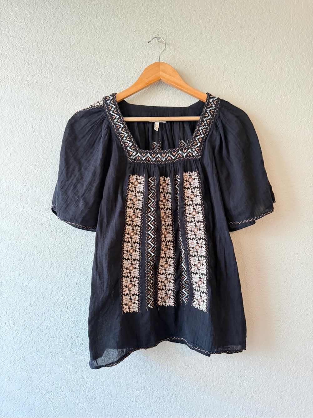Joie Cotton Embroidered Square-Neck Peasant Top - Black Small